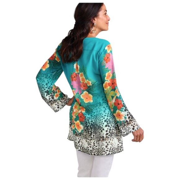 Soft Surroundings Large long Rolltab Sleeve 1/4 Button Down Floral Tunic - Picture 3 of 7